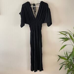 Witchy Midi Dress Womens Small Black Smocked Waist Crinkle Gothcore Whimsigoth